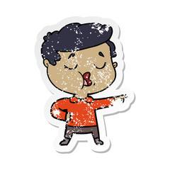 distressed sticker of a cartoon man talking