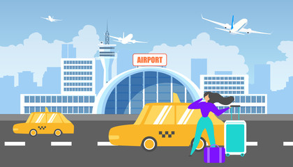 Transfer to Airport with Taxi Service Flat Vector