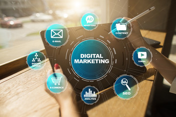 Fototapeta Digital marketing technology concept. Internet. Online. Search Engine Optimisation. SEO. SMM. Video Advertising. obraz