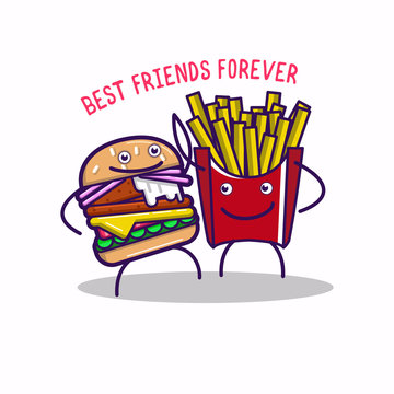 Funny fastfood characters Best Friends Forever. Cheerful food emoji hamburger and french fries. Cartoon vector illustration - Vector