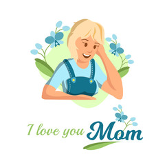 Vector Flat Banner I Love You Mom Blonde Woman.