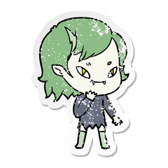 distressed sticker of a cartoon friendly vampire girl considering