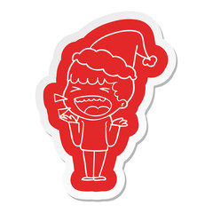 cartoon  sticker of a laughing man wearing santa hat
