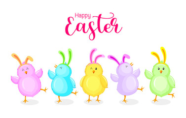 Little chicks cartoon set with rabbit ears decoration. Funny  chickens in different poses. Happy Easter concept. Vector illustration isolated on blue background.