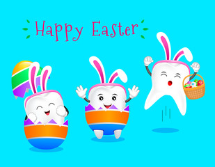 Cute cartoon bunny tooth cracking from egg shell. Easter egg hunt poster invitation template. Vector illustration isolated on blue background.