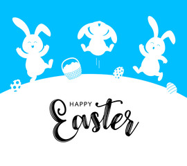 White rabbit and Easter egg basket.  Jumping and dancing. Cute bunny. Happy Easter day, cartoon character design. Illustration isolated on blue background.