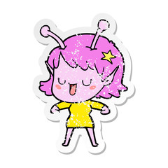 distressed sticker of a happy alien girl cartoon