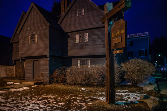 Salem, USA- March 03, 2019: Historic Johnathan Corbin House known as the Witch House because of its connection to the 1662-63 Witch Trials on a rainy day, it is located in Salem, Massachusetts