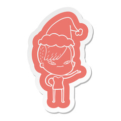 cute cartoon  sticker of a girl with hipster haircut wearing santa hat