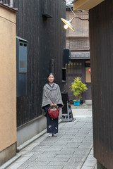 Strolling in Kyoto city, wearing Japanese kimono