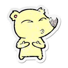 distressed sticker of a cartoon whistling bear