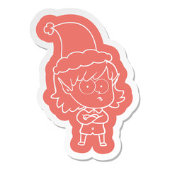 cartoon  sticker of a elf girl staring wearing santa hat