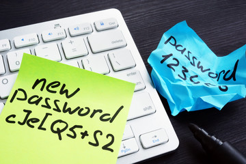 Strong and weak password on pieces of paper. Password security and protection. - obrazy, fototapety, plakaty