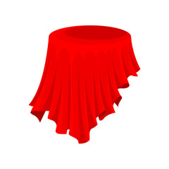 Bright red cloth for round table or presentation pedestal. Silk textile. Fabric material. Flat vector design