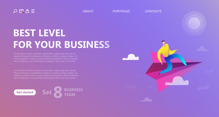 business landing page template. Team work landing page template.  Concept business success, a man flies on a paper plane. Web site template, mobile application