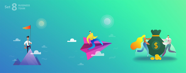 Business landing page template. Team work landing page template. Concept business success, man and woman workers hold a bag of gold, money. Set Concept business success, a man flies on a paper plane