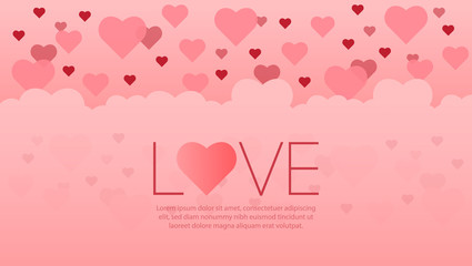 Valentine's Day Simple background design with lots of flying hearts and "love" word. vector illustration.