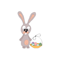 Vector of cartoon imagesof Easter bunny with basket of colored eggs.The drawing in the style of hand drawn. Happy easter background. Each item can be peredigat. Positive character
