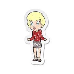 retro distressed sticker of a cartoon woman shrugging shoulders