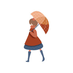 Young girl walking with umbrella. Cartoon character in raincoat and boots. Autumn weather. Trendy vector design