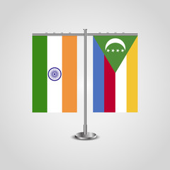 Table stand with flags of India and Comoros.Two flag. Flag pole. Symbolizing the cooperation between the two countries. Table flags