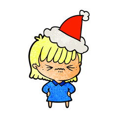 annoyed textured cartoon of a girl wearing santa hat