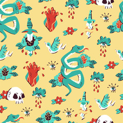 Seamless Doodle Pattern. Traditional Old School Tattoo. Vector background.