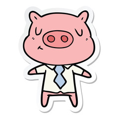 sticker of a cartoon content pig in shirt and tie