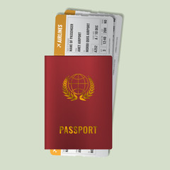 International passport with boarding passes. Two orange Airline tickets with red international passport. Realistic vector illustration.