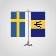 Table stand with flags of Sweden and Barbados.Two flag. Flag pole. Symbolizing the cooperation between the two countries. Table flags