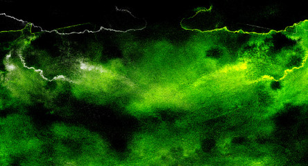 Cosmic vibrant bright neon green northern lights watercolor background. Grunge paper textured aquarelle canvas for modern creative design. Abstract hand drawn texture water color paint illustration