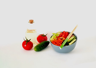 Traditional dish of Korean cuisine. Bibimbap with beef, vegetables and egg on white isolated background. 