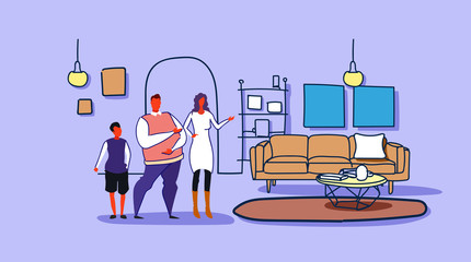 happy family husband wife and son standing together modern living room interior woman showing hand new apartment house sketch doodle horizontal full length