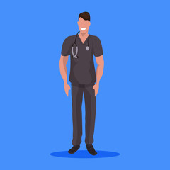 male doctor with stethoscope man medical clinic worker in dark uniform professional occupation concept cartoon character full length flat blue background