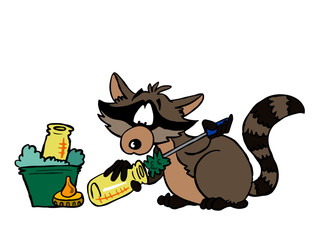 Raccoon washing baby bottles