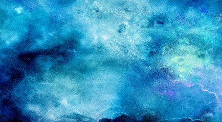 Cosmic neon light blue watercolor background. Paper textured aquarelle deep black canvas for modern creative design. Thunder storm lightning night sky texture multicolor water color paint illustration
