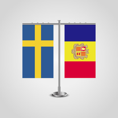Table stand with flags of Sweden and Andorra.Two flag. Flag pole. Symbolizing the cooperation between the two countries. Table flags
