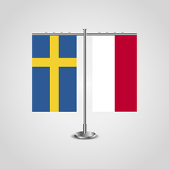Table stand with flags of Sweden and Indonesia.Two flag. Flag pole. Symbolizing the cooperation between the two countries. Table flags