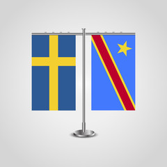 Table stand with flags of Sweden and Democratic Republic of the Congo.Two flag. Flag pole. Symbolizing the cooperation between the two countries. Table flags