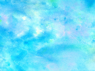 Bright light blue watercolor background. Aquarelle painted azure gradient color splashing on...
