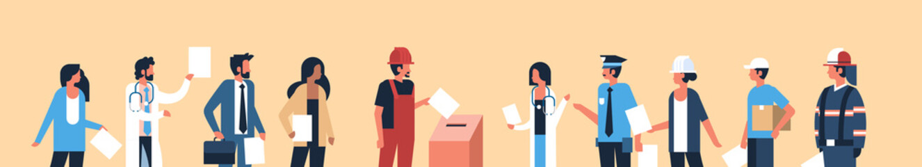 election day concept different occupations voters casting ballots at polling place during voting mix race people putting paper ballot in box portrait flat horizontal banner