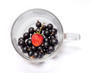 Black currant berries and red strawberries in a glass cup on a white isolated background_