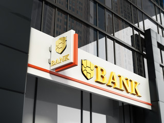 Bank signboard with fictitious logo on building exterior. 3D illustration