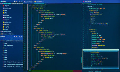 Splitting of html and css code. Software development. Programming code. Software source code