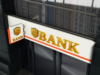 Bank signboard with fictitious logo on building exterior. 3D illustration