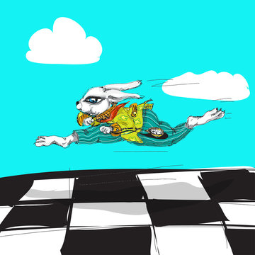 Alice in Wonderland running white rabbit Watercolor hand drawn  character isolated