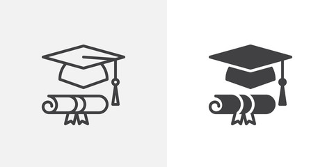 Graduation hat and diploma icon. line and glyph version, outline and filled vector sign. Students cap and scroll paper linear and full pictogram. Symbol, logo illustration. Different style icons set - obrazy, fototapety, plakaty
