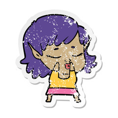distressed sticker of a pretty cartoon elf girl