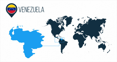 Venezuela map located on a world map with flag and map pointer or pin. Infographic map. Vector illustration isolated on white background.