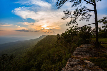 Wonderful landscape sunset mountain yellow and blue sky on hill